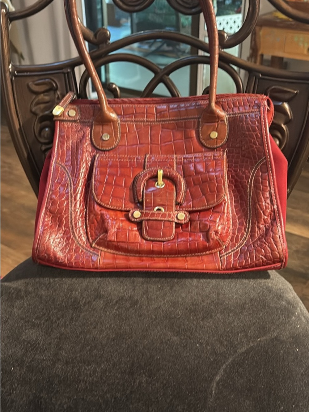 Wilsons Leather Croc-Embossed Satchel in Red